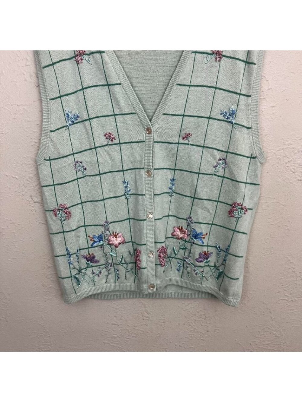 vintage 90s green floral plaid whimsical whimsy cottagecore sweater vest - Picture 3 of 8